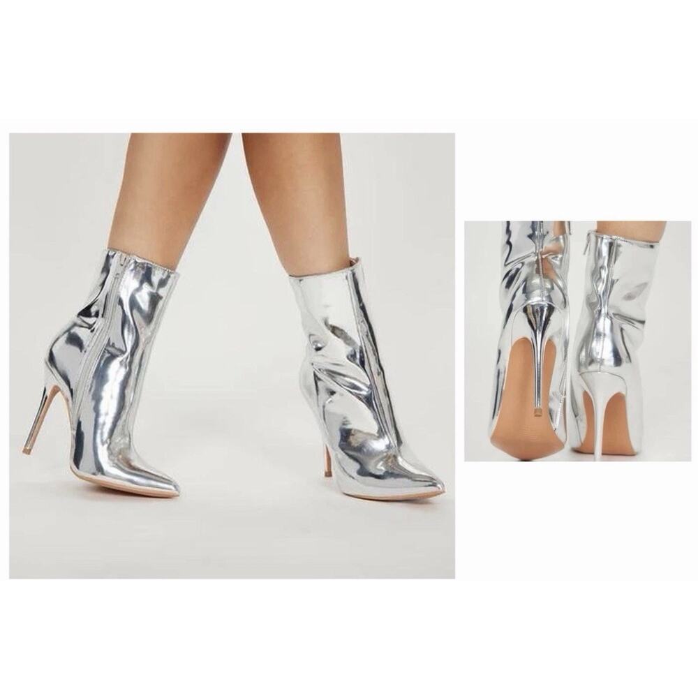 Shiny Silver Ankle Booties boots Size 37 US 7 mirror clubs high heels stiletto
